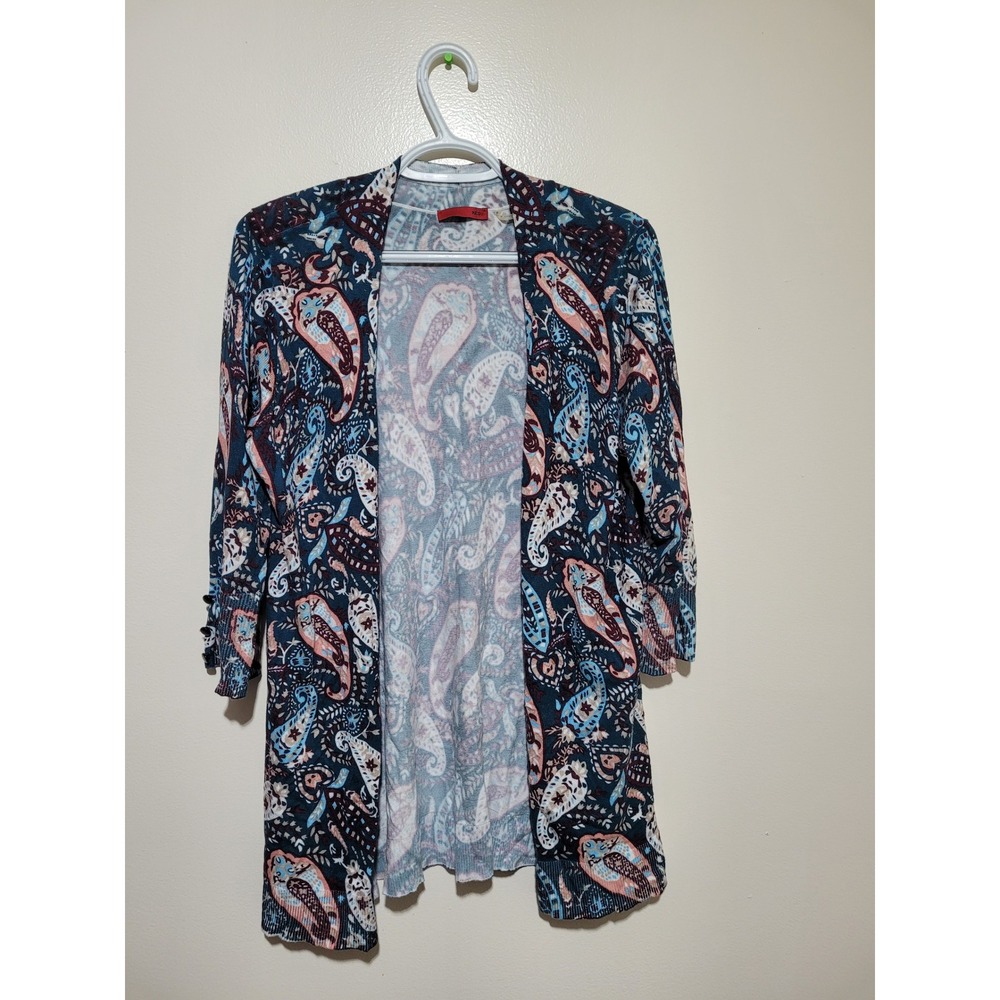 RED Paisley Open Front Cardigan Womens Medium Teal Pink 3/4 Sleeve